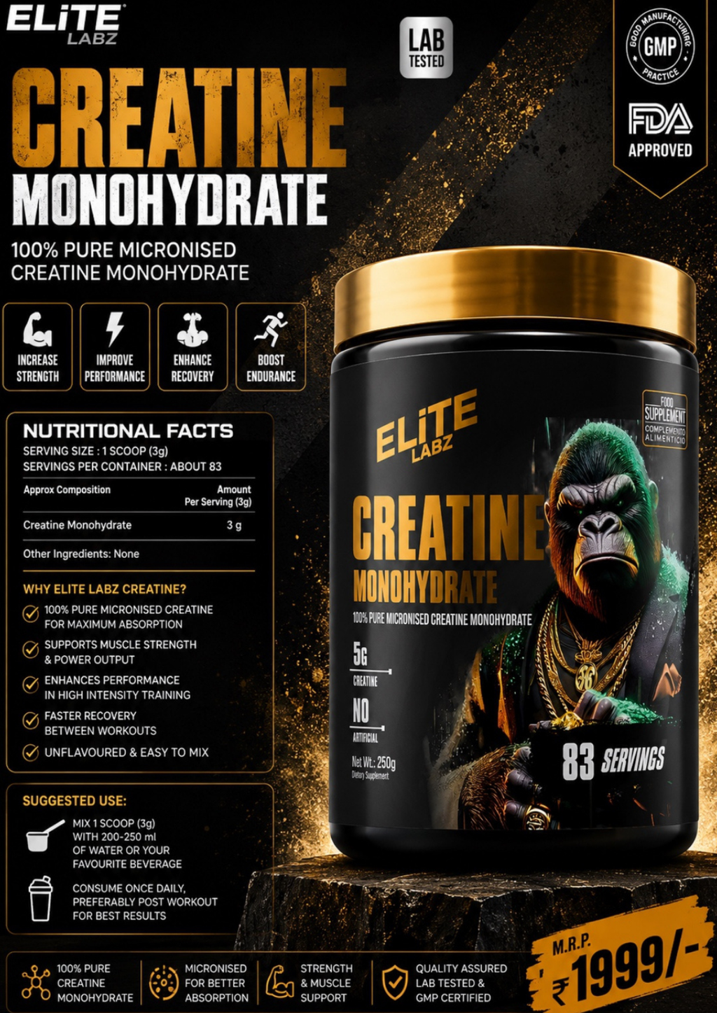 Elite Labz 100% Pure Micronised Creatine Monohydrate